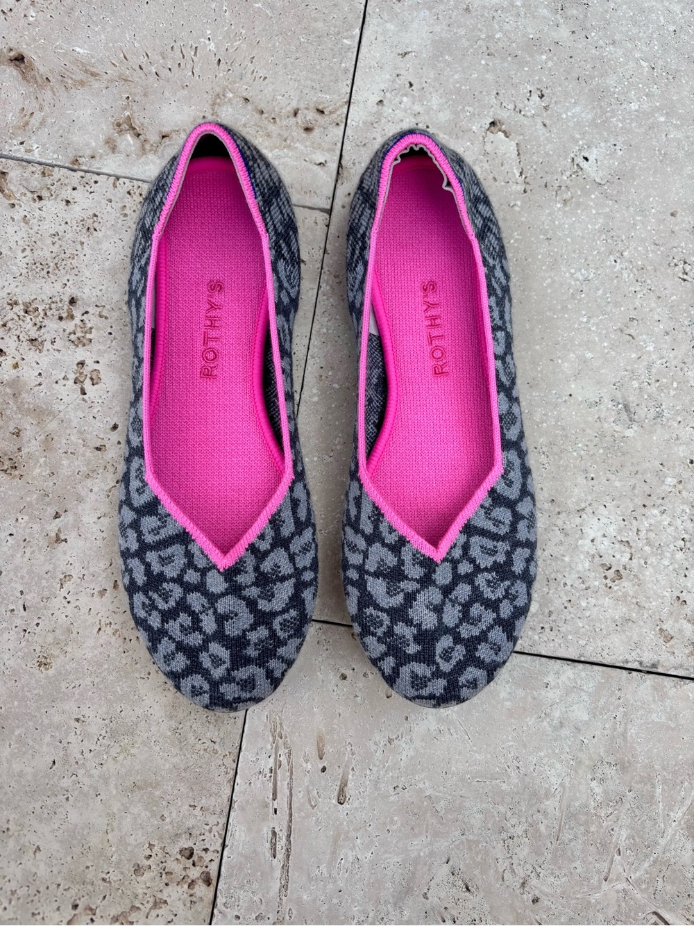 Rothy's Gray Leopard Knit Flats with Hot Pink Trim